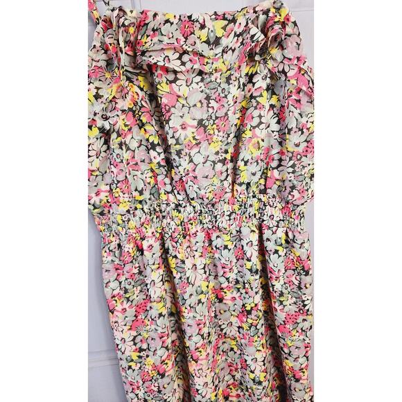 Y2K Pink Floral Chiffon ruffle mini Dress Sz Large Spaghetti Straps Lined chintz - Picture 4 of 12